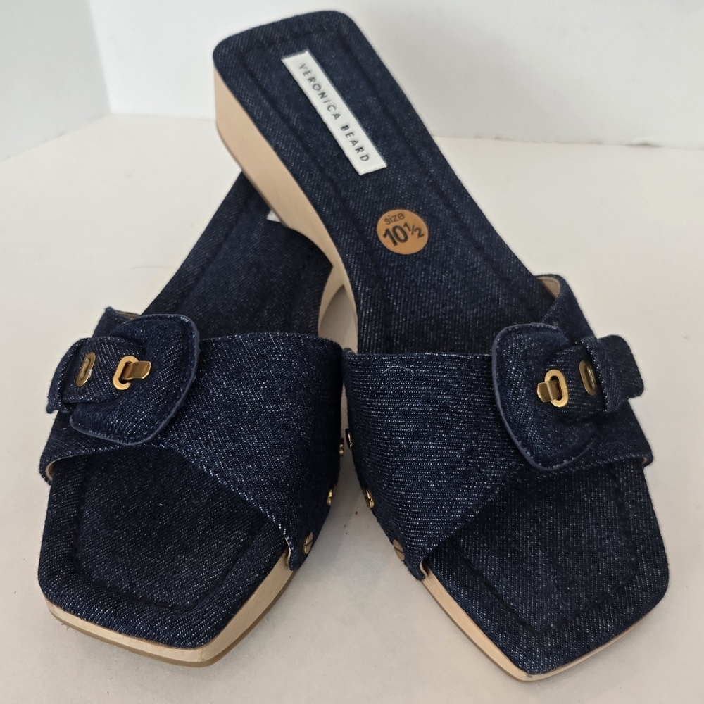 Veronica Beard Davina Blue Denim Wooden Heel Sandals